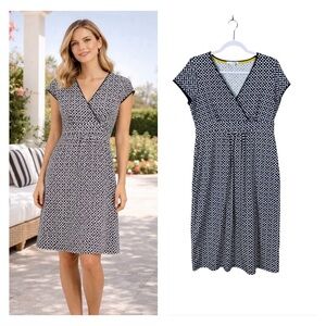Boden Jersey Faux Wrap Dress Size 8 Long Retro Mod Beachy Art Stretch Geometric